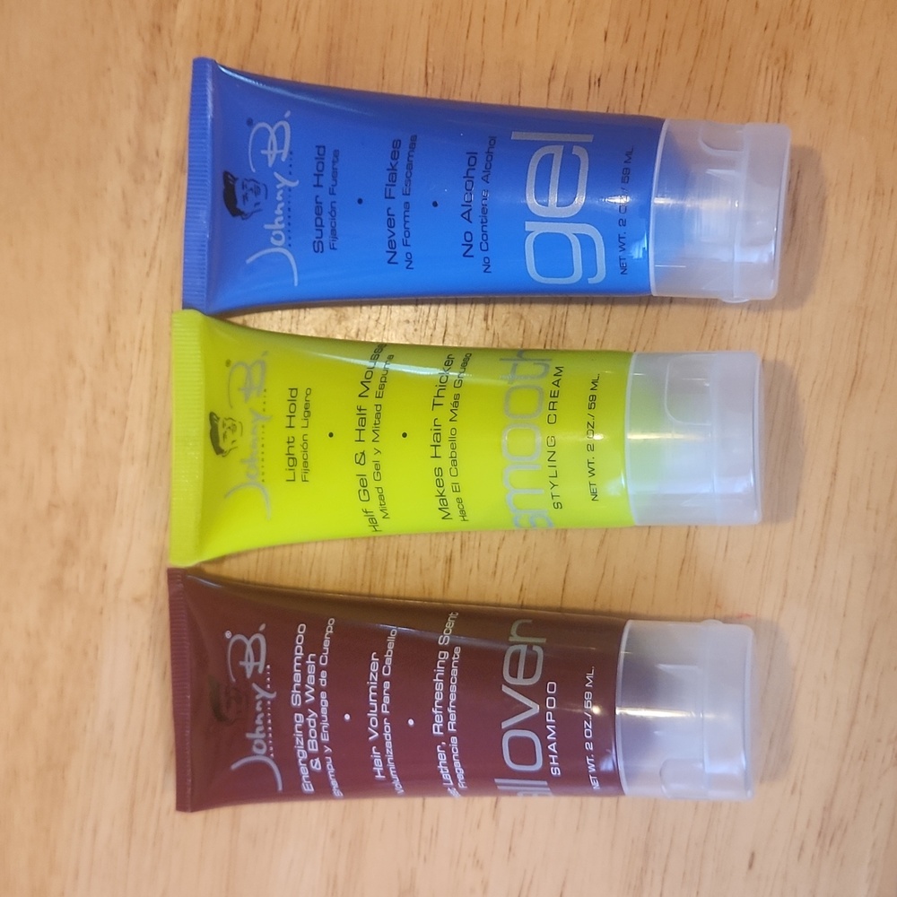 Johnny B travel size products: shampoo, styling